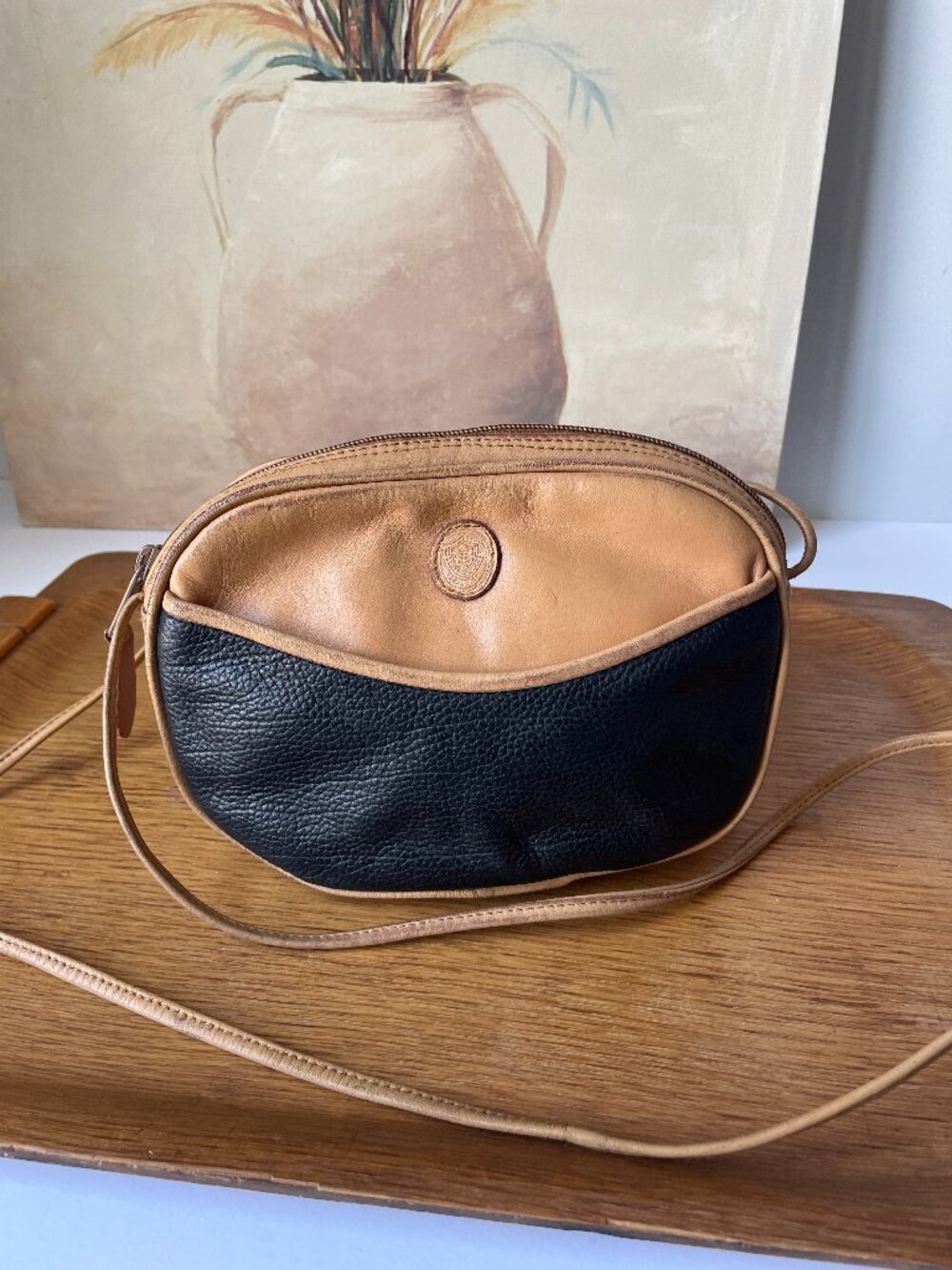 Vintage Unisa Two‑Tone Leather Crossbody Bag Black Pebbled & Tan Smooth Leather